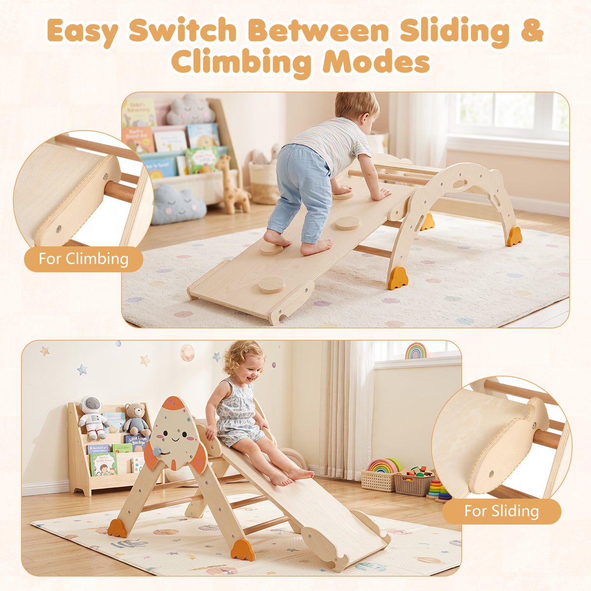 8-in-1 Climbing Toys for Toddlers, Rocket-Themed Foldable Montessori Wooden Arch Climber