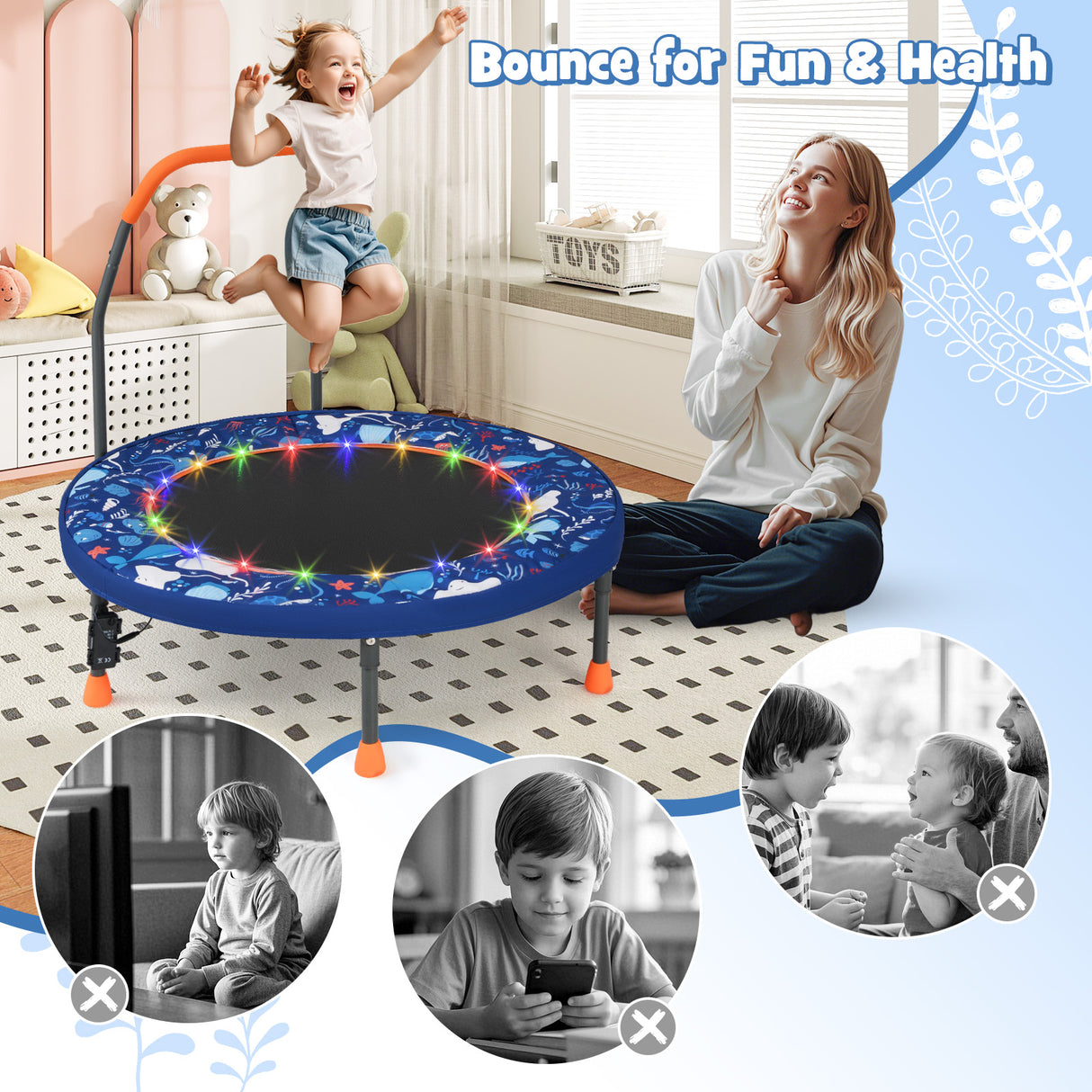 36" Mini Trampoline with 20 LED Lights, Foldable Trampoline for Kids