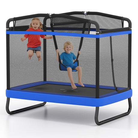 Children playing on a trampoline with safety netting on a white background