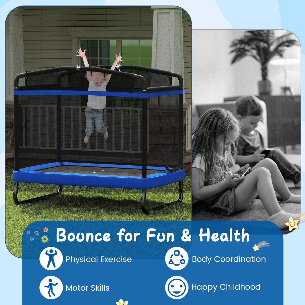 Children playing on a trampoline and sitting outdoors with text about benefits of trampoline use.