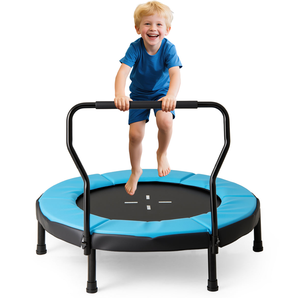 Child on a blue and black trampoline with a white background