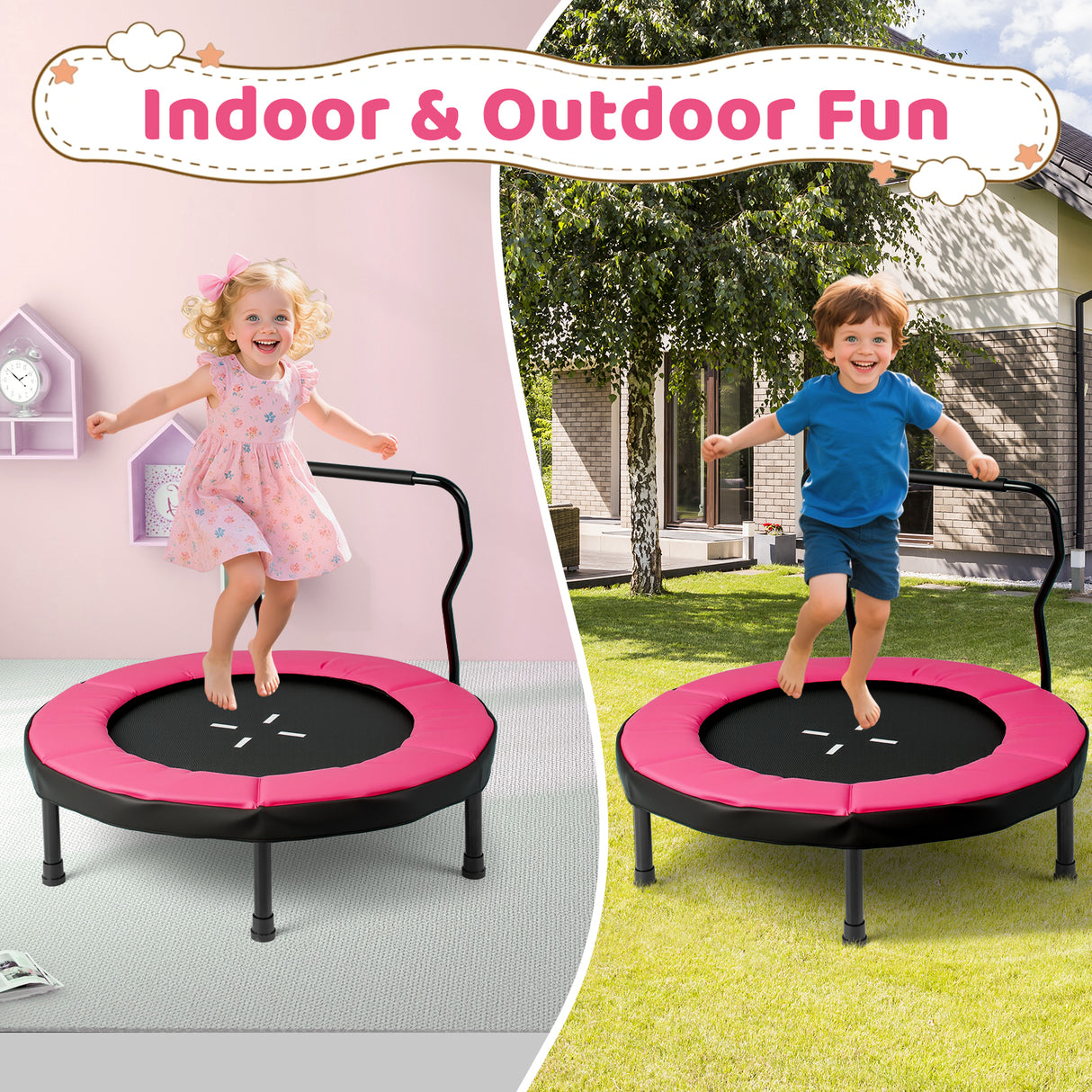 Two children jumping on a trampoline, one indoors and one outdoors with 'Indoor & Outdoor Fun' text.