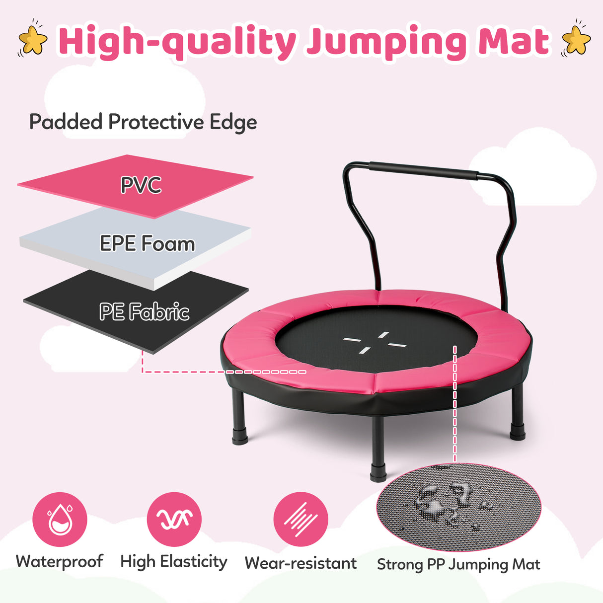 Pink and black rebounder with layers of material and features highlighted on a light pink background.