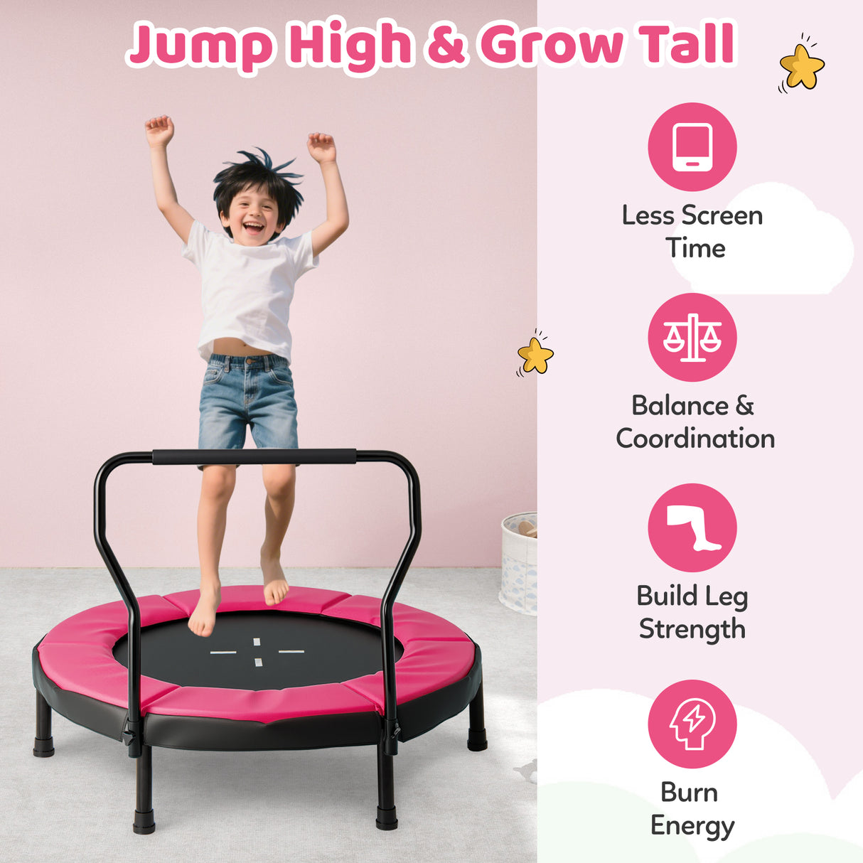 Child jumping on a pink and black trampoline with text highlighting benefits on a light pink background