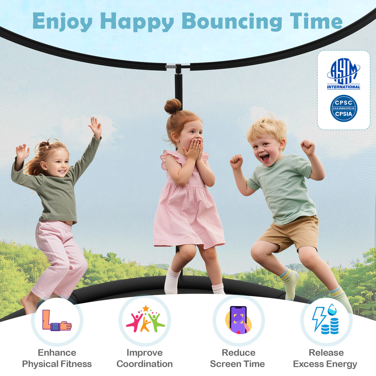 Children jumping on a trampoline with text 'Enjoy Happy Bouncing Time' and certification logos.