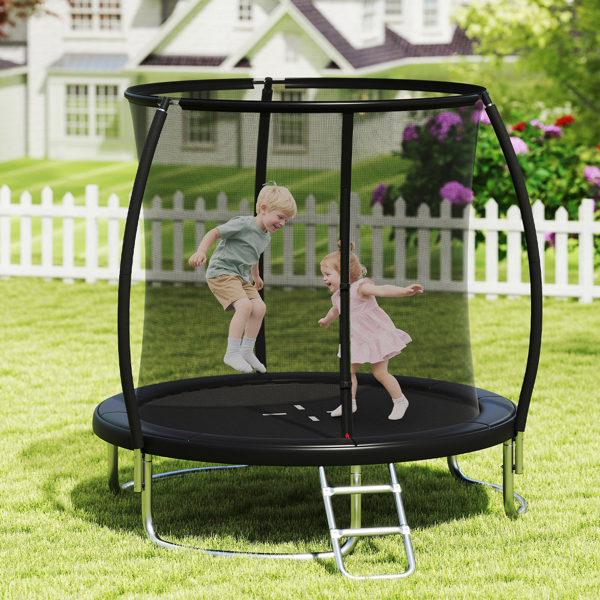 Children playing on a trampoline in a backyard with a house and garden in the background.