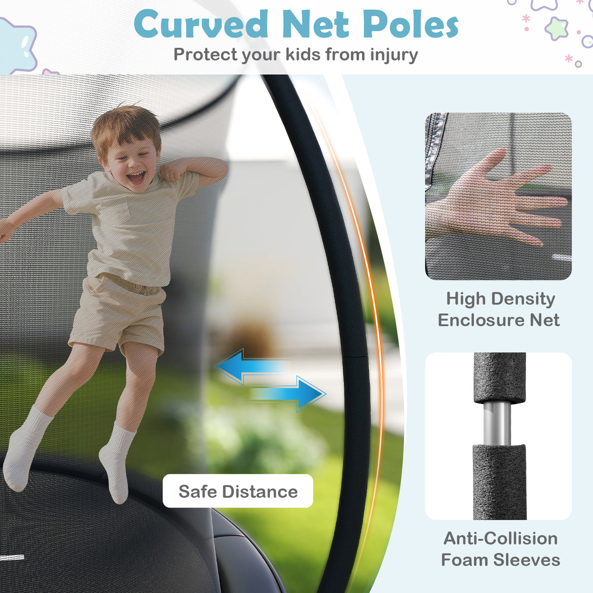 Child playing near a curved net pole system with safety features highlighted.