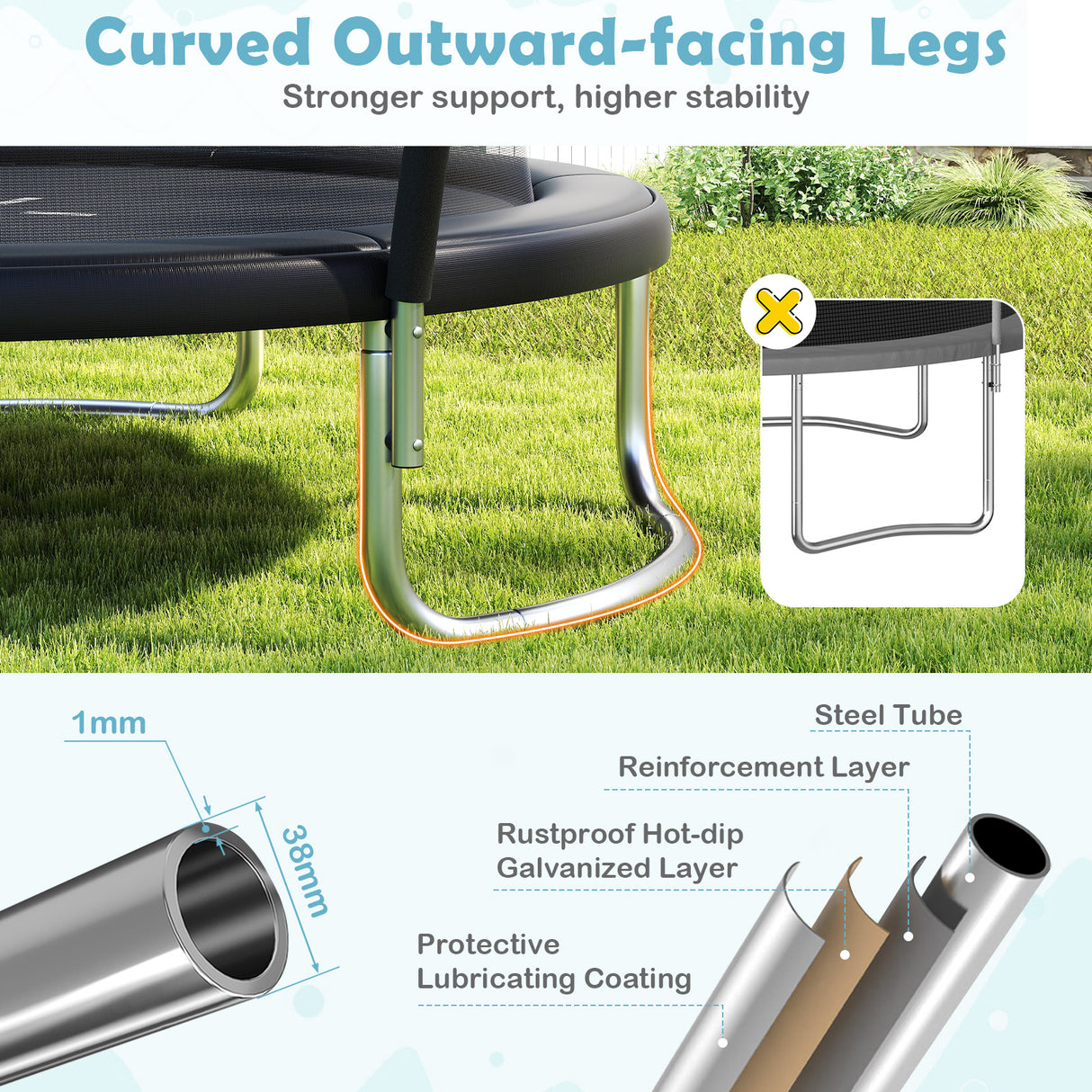 Trampoline with curved outward-facing legs on grass, highlighting design features.