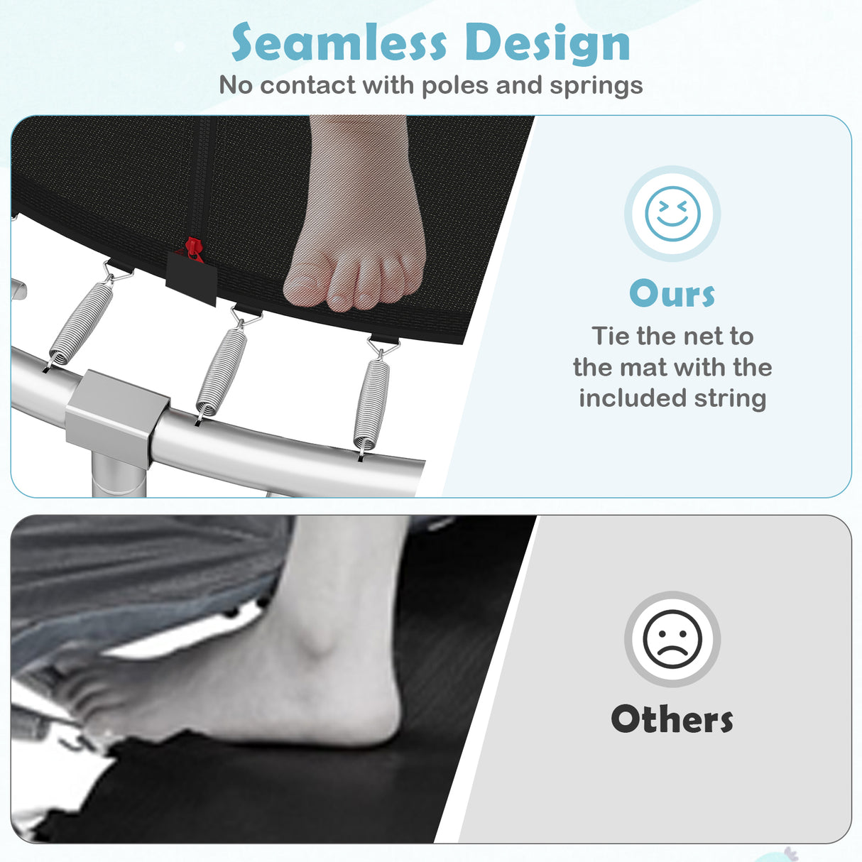 Comparison of foot mat design with and without contact to poles and springs, featuring a smiling face icon and text.