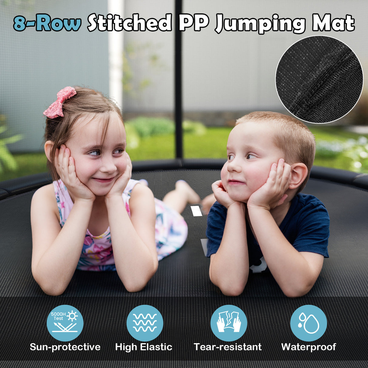 Children on a trampoline with text about an 8-row stitched PP jumping mat, showing features like sun-protective, high elastic, tear-resistant, and waterproof.