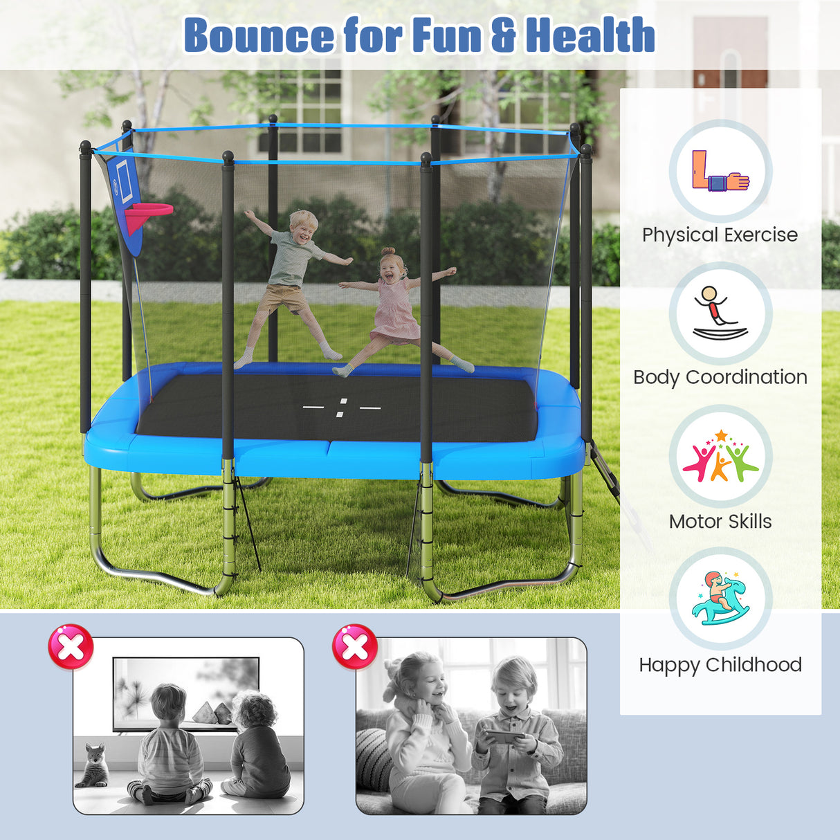 Rectangle Outdoor Trampoline, 10 x 8 FT Heavy-Duty Trampoline for Kids and Adults