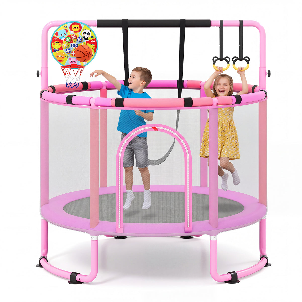 55/60" Trampoline for Kids with Enclosure, 6-in-1 Indoor Outdoor Toddler Trampoline with Adjustable Gymnastics Bar, Swing