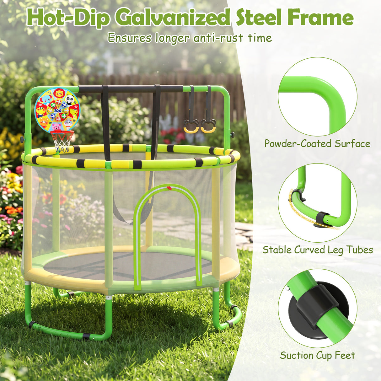 55/60" Trampoline for Kids with Enclosure, 6-in-1 Indoor Outdoor Toddler Trampoline with Adjustable Gymnastics Bar, Swing