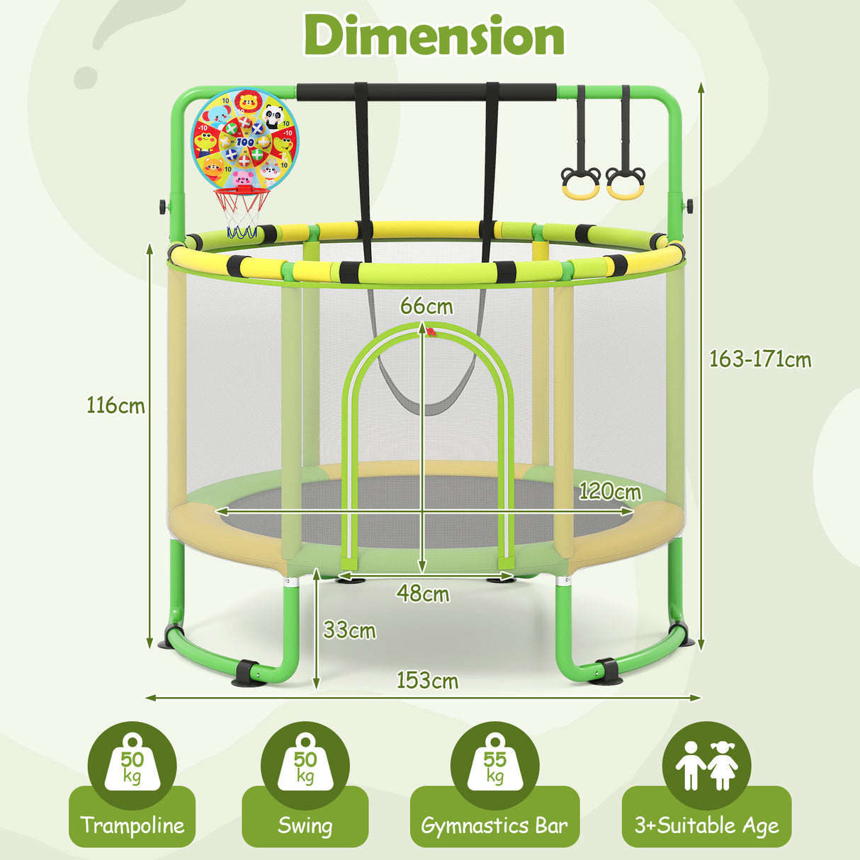 55/60" Trampoline for Kids with Enclosure, 6-in-1 Indoor Outdoor Toddler Trampoline with Adjustable Gymnastics Bar, Swing