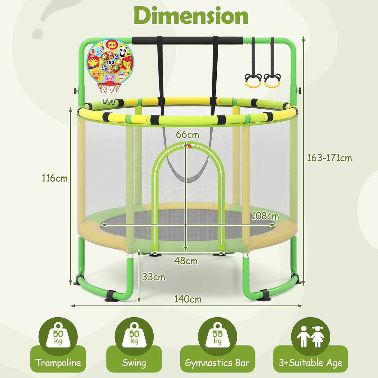 55/60" Trampoline for Kids with Enclosure, 6-in-1 Indoor Outdoor Toddler Trampoline with Adjustable Gymnastics Bar, Swing