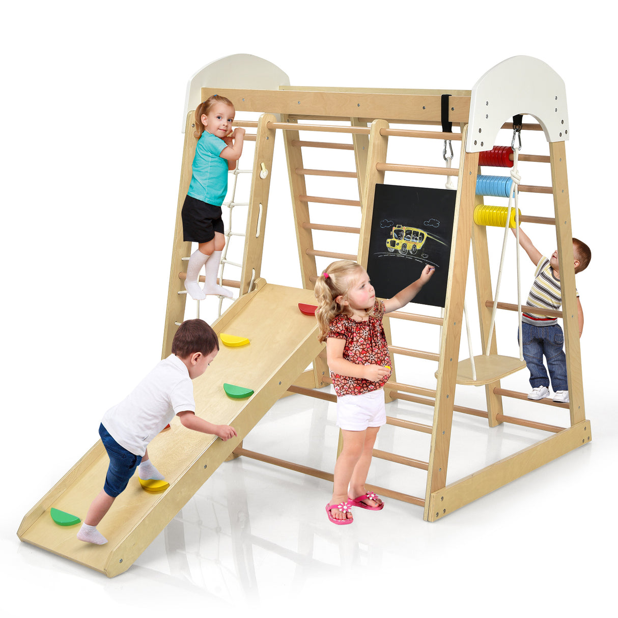 Children playing on a wooden play set with slides and climbing structures.