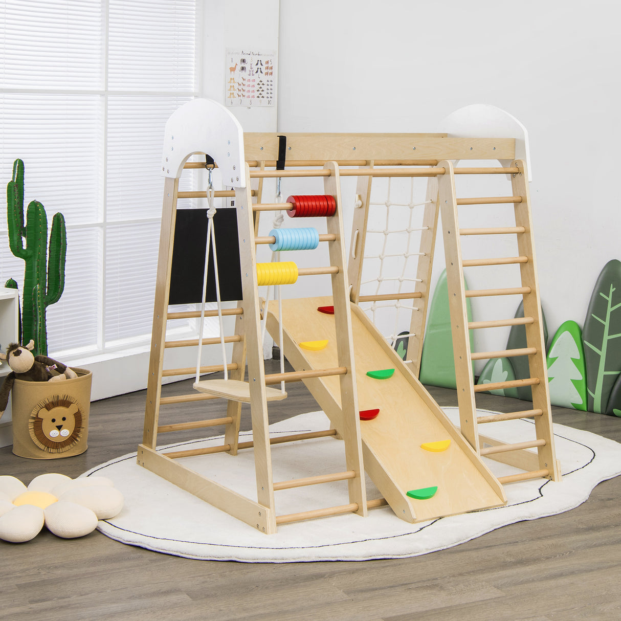 Children's wooden play set with slide and climbing elements in a room setting.