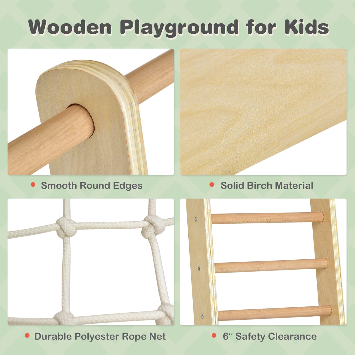 Wooden playground structure with safety features highlighted on a green background