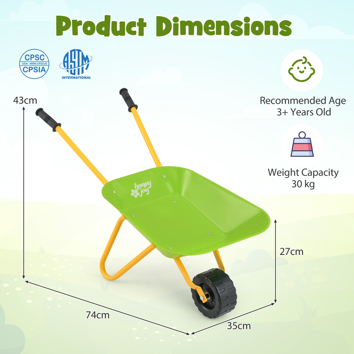 Green children's wheelbarrow with dimensions and safety certification logos on a light green background
