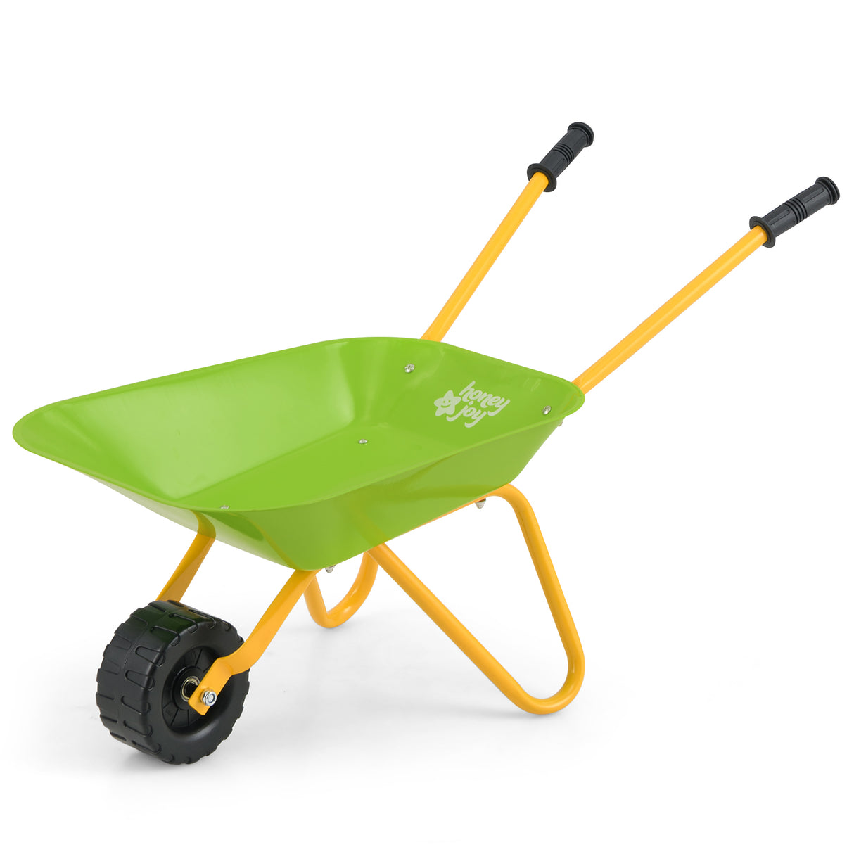 Green and yellow children's wheelbarrow on a white background