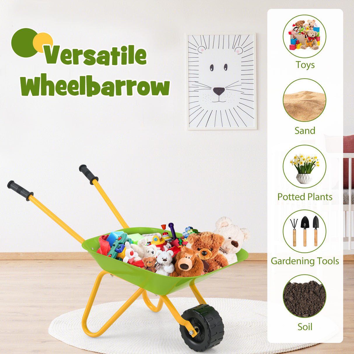 Toy wheelbarrow filled with stuffed animals and toys on a wooden floor.