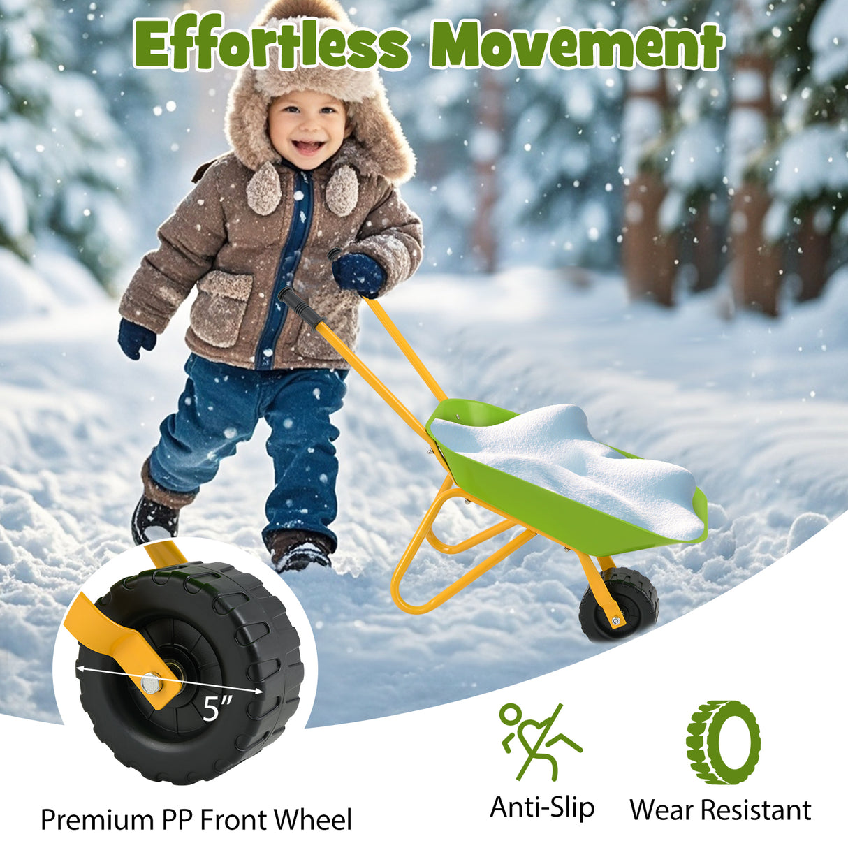 Child in winter clothing pushing a snow pushcart with text about effortless movement and product features.