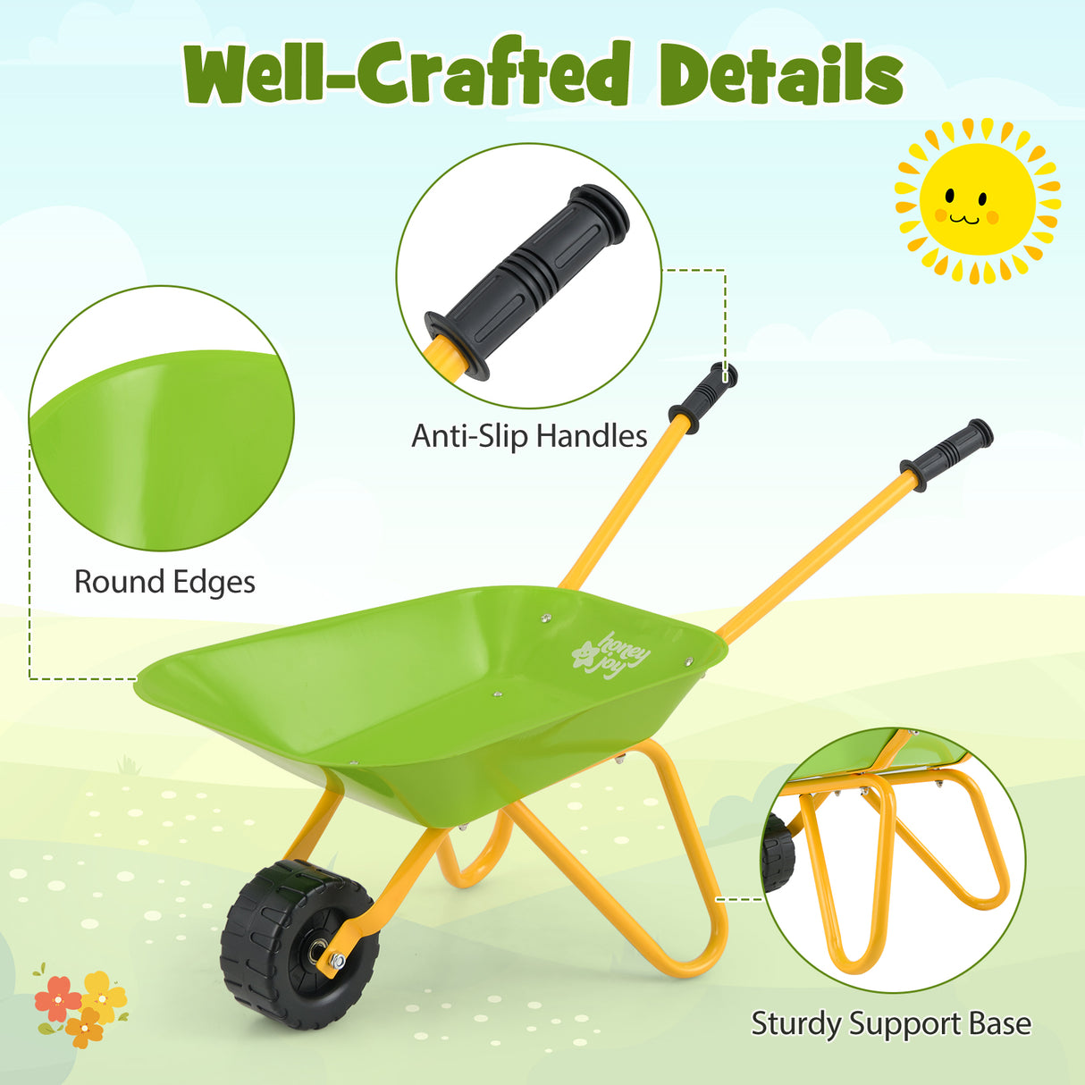 Green and yellow children's wheelbarrow with highlighted features on a light green background