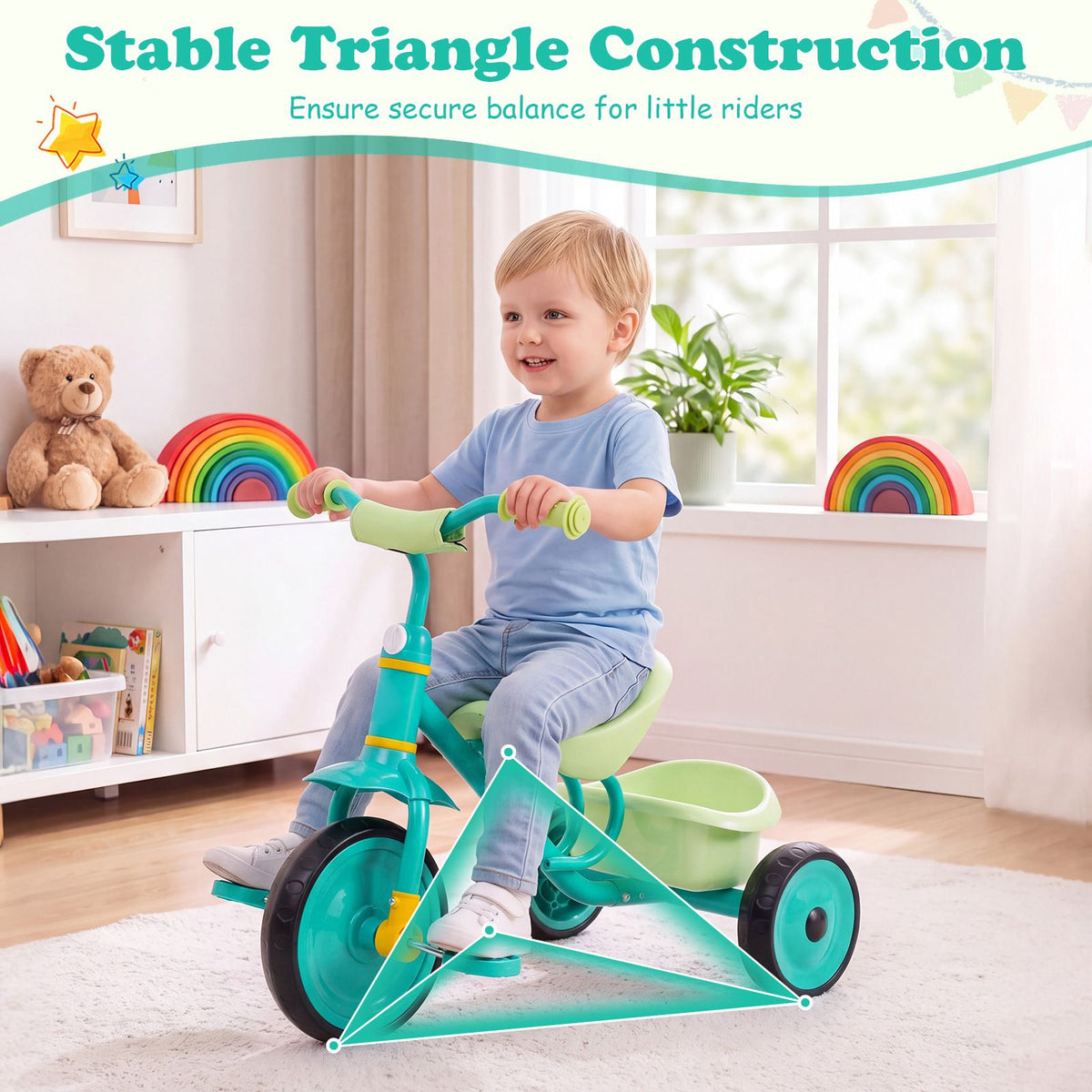 Toddler Tricycle for Boys Girls 2-5 with Rear Storage Basket and Metal Frame