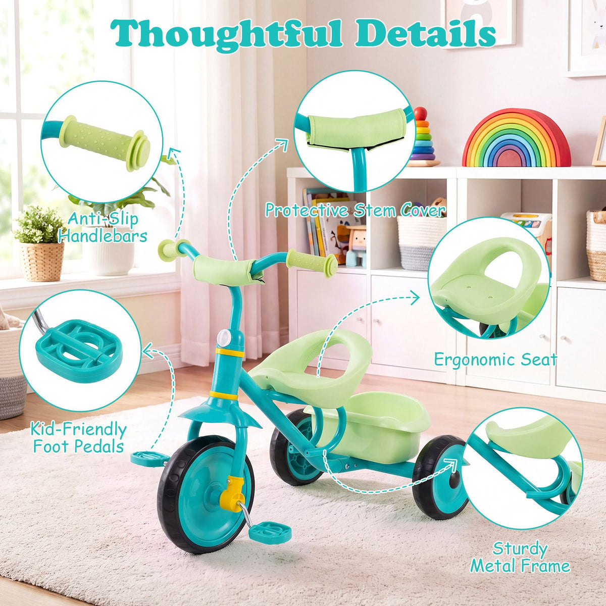Toddler Tricycle for Boys Girls 2-5 with Rear Storage Basket and Metal Frame