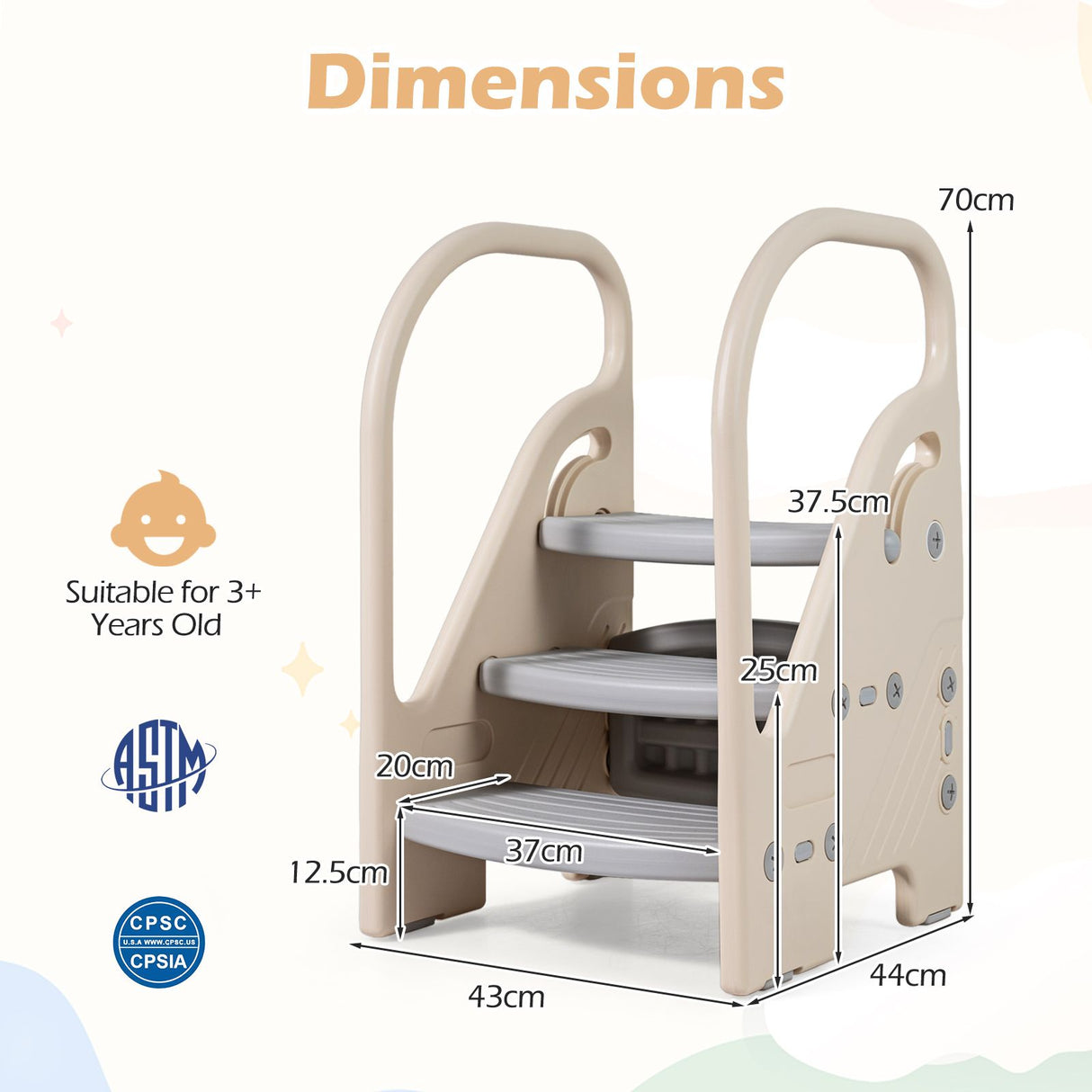 Toddler Step Stool with Adjustable 2/3-Step and Safety Handles for Bedroom