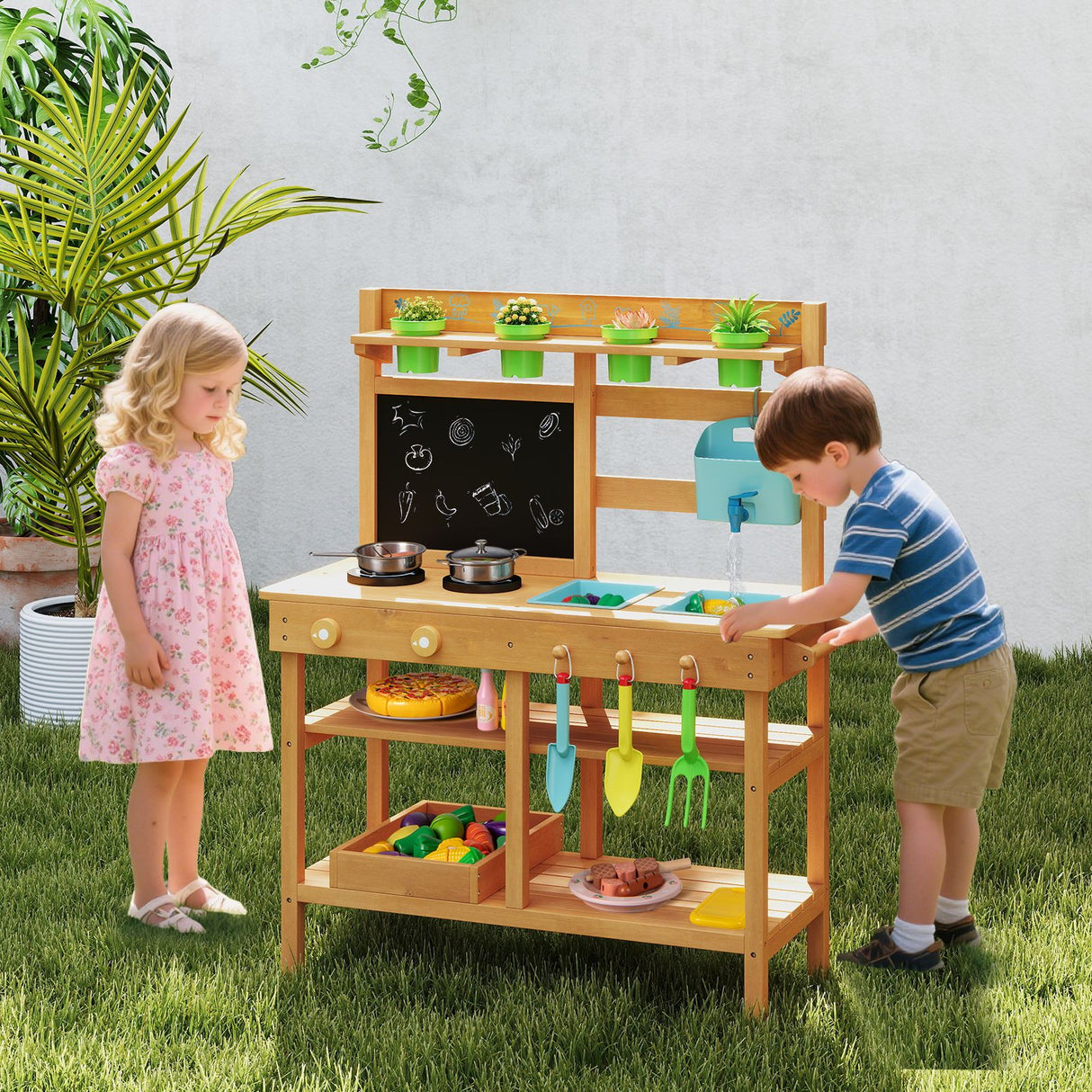 Toddler Wooden Pretend Play Kitchen Playset with Faucet and Pots