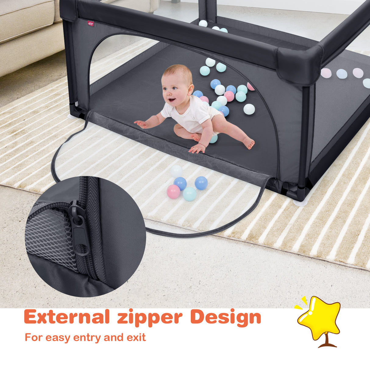 BABY JOY Baby Playpen Large Play Activity Center for Babies w/50 Balls, 2 Pull Rings