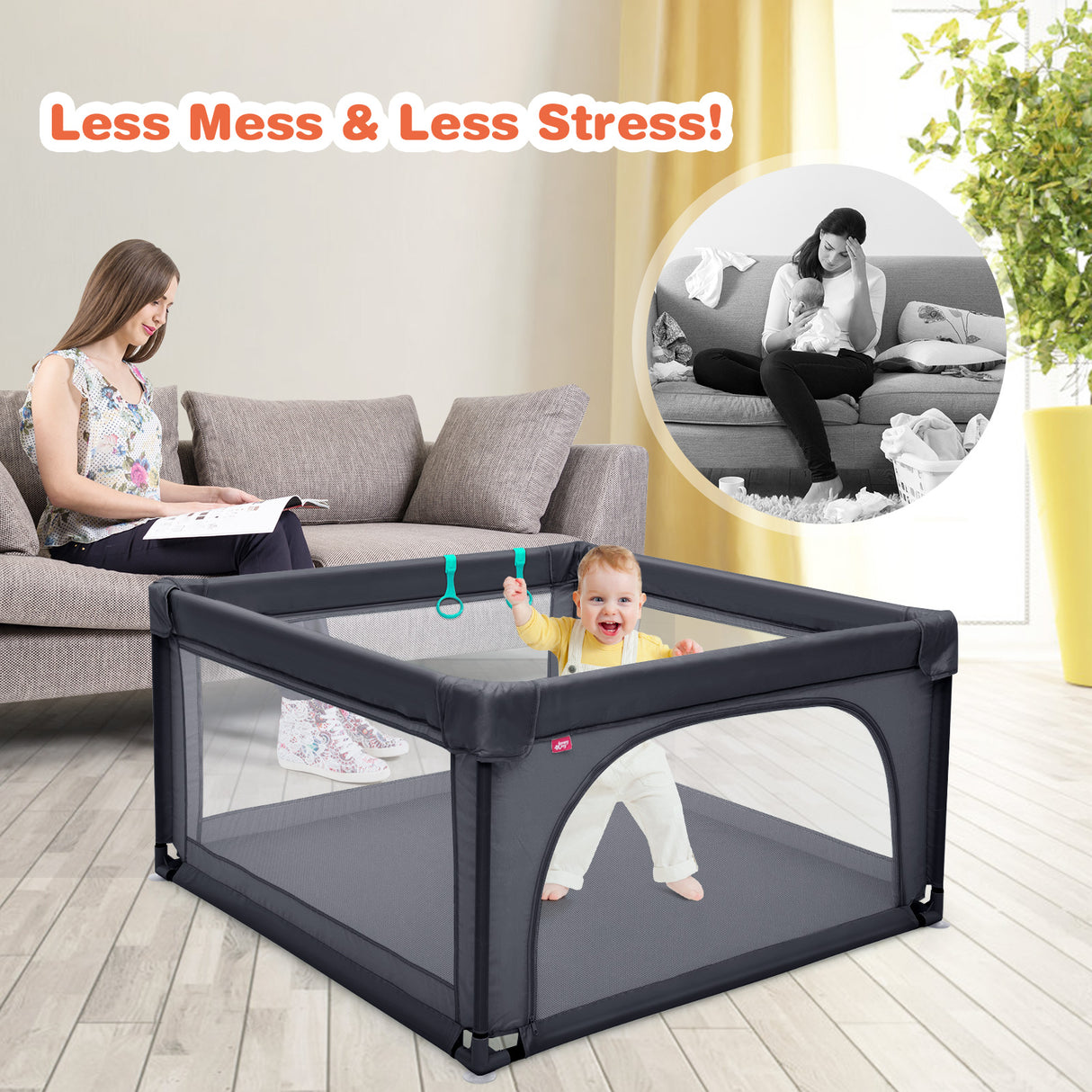 BABY JOY Baby Playpen Large Play Activity Center for Babies w/50 Balls, 2 Pull Rings