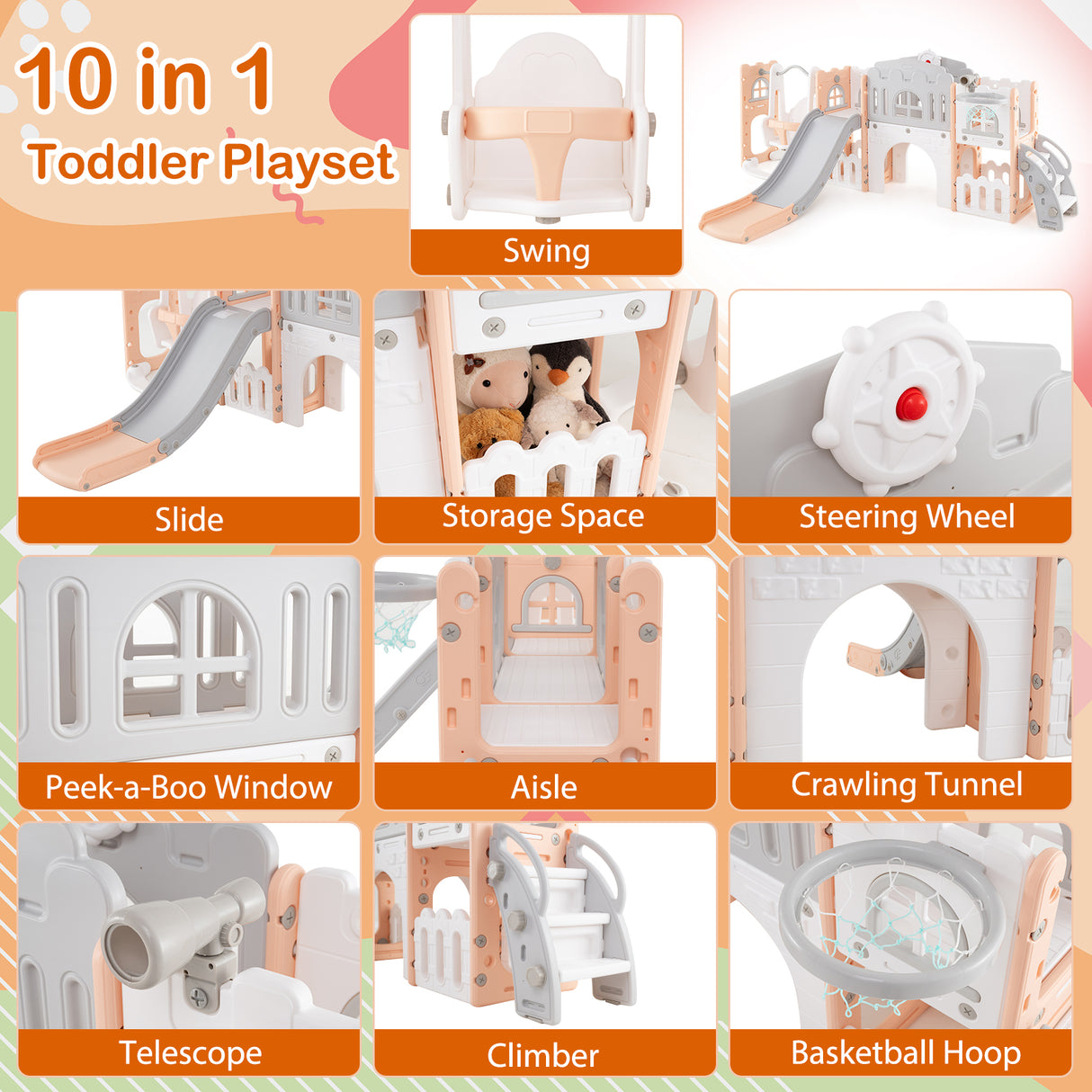 10 in 1 Toddler Swing and Slide Set, Baby Indoor Playground for Ages 1+ Years Old