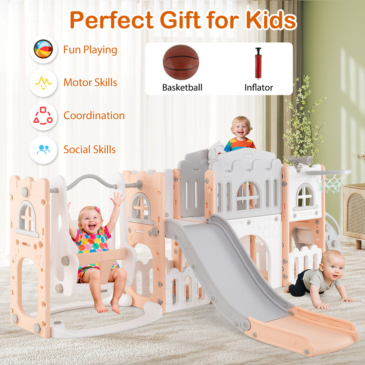 10 in 1 Toddler Swing and Slide Set, Baby Indoor Playground for Ages 1+ Years Old