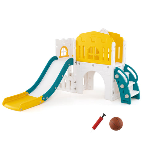 Children's playset with slides and basketball hoop on a white background