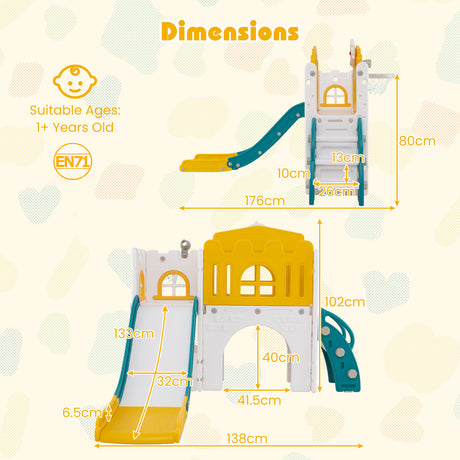 Dimensions of a children's play structure with slide on a light background