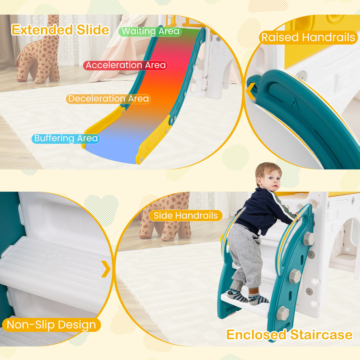 Indoor playground slide with labeled parts and a child using it.