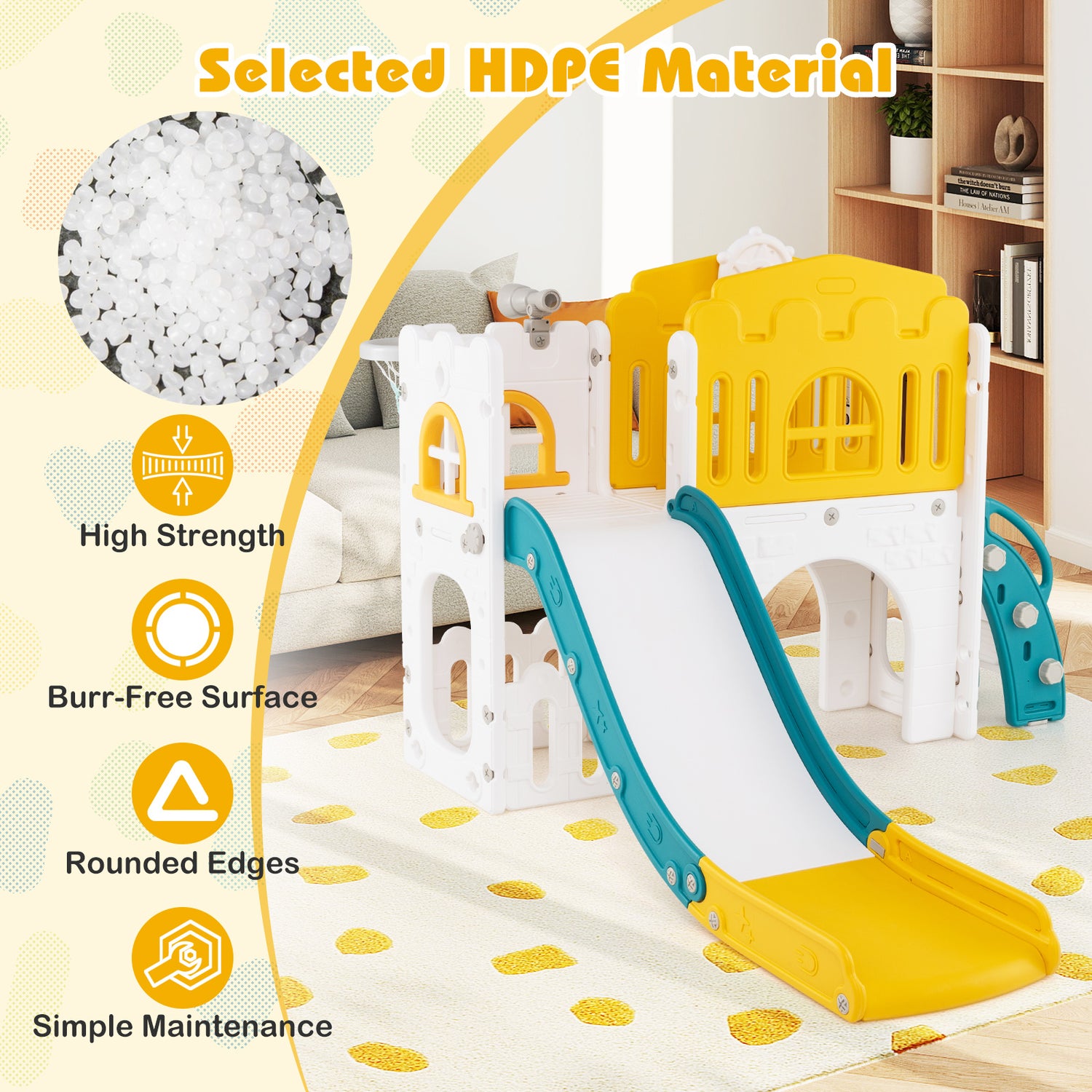 Children's play slide with selected HDPE material features highlighted