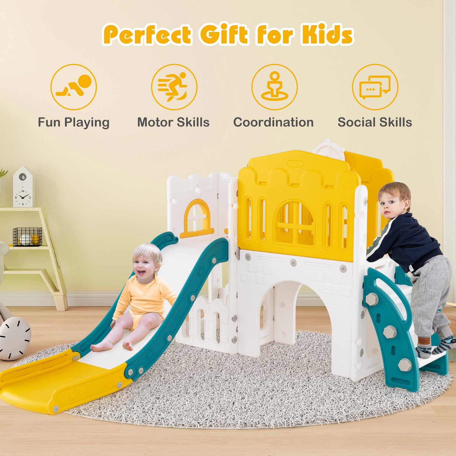 Children playing on a yellow and white play structure with text 'Perfect Gift for Kids' and icons.