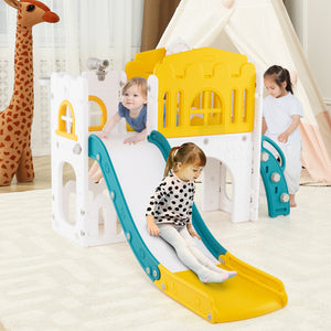 Children playing on a yellow and blue slide in a playroom.
