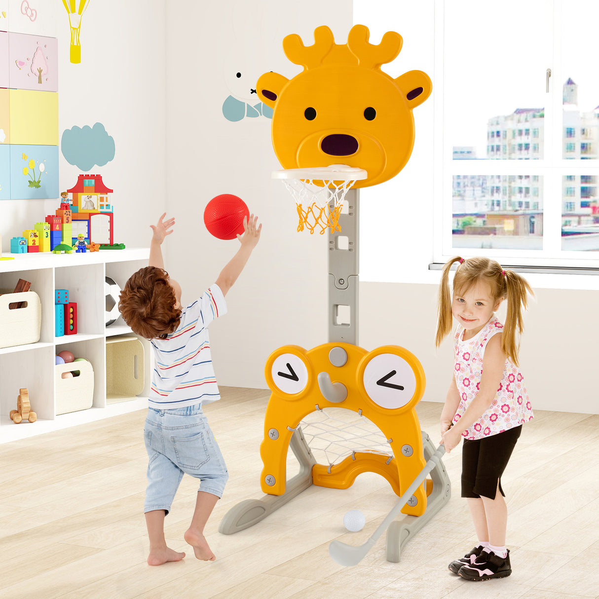 Toddler Basketball Hoop, 4-in-1 Kids Activity Center with Rim, Soccer Goal, Golf, Ring Toss