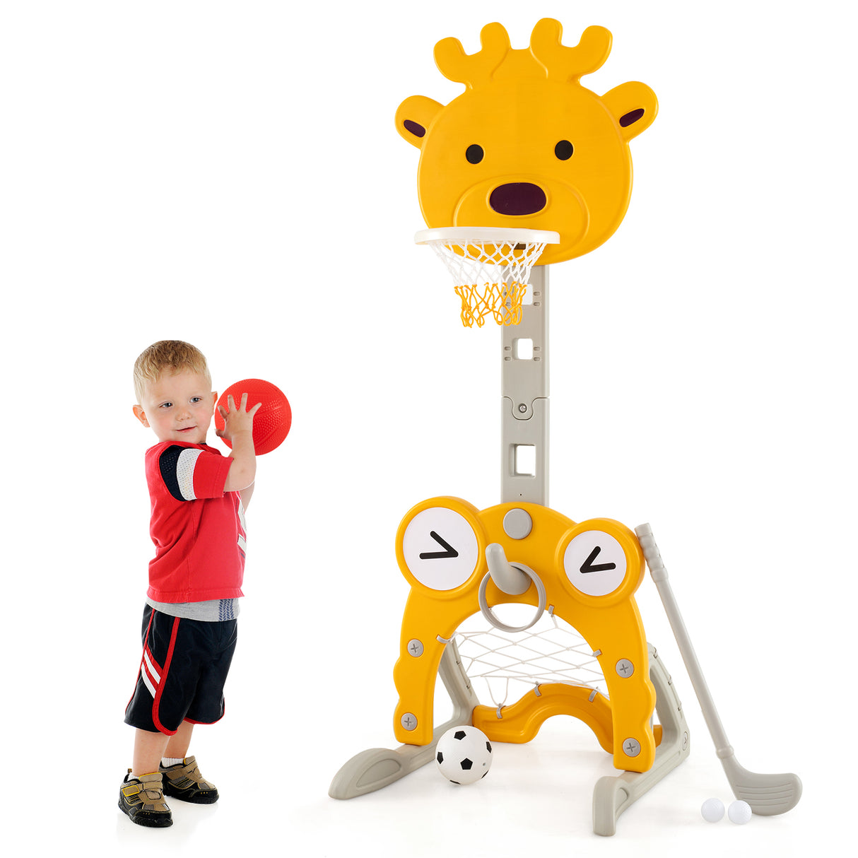 Toddler Basketball Hoop, 4-in-1 Kids Activity Center with Rim, Soccer Goal, Golf, Ring Toss