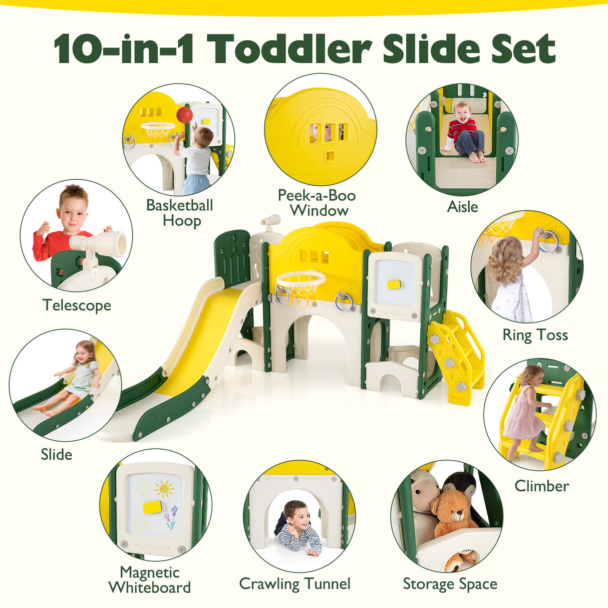 10 in 1 Toddler Slide Set, Kids Slide and Climber Playset, Indoor Playground for Ages 3+