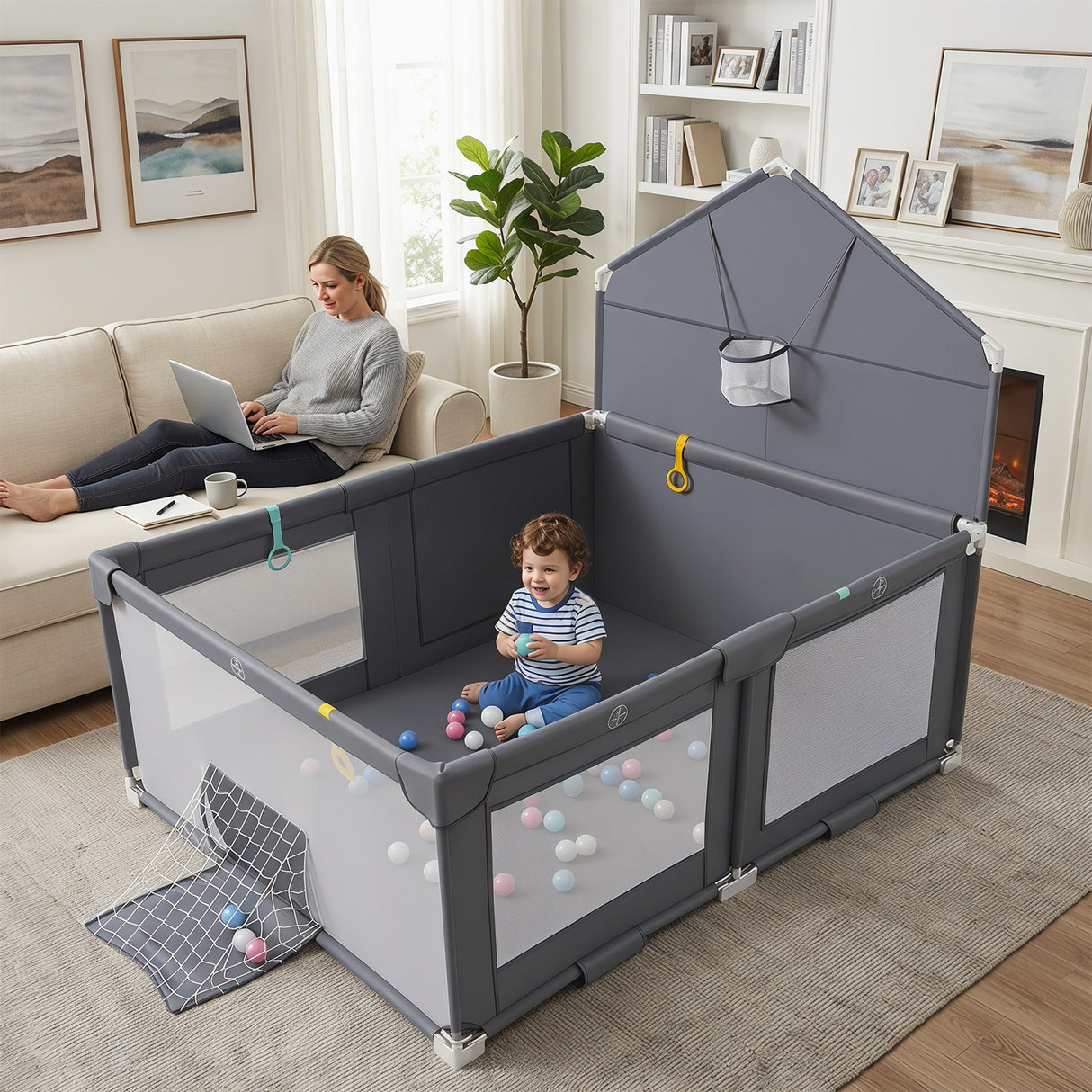Foldable Baby Playpen, Large Play Yard Activity Center w/Basketball Hoop, Soccer Goal, Pull Rings & Ocean Balls for Infants