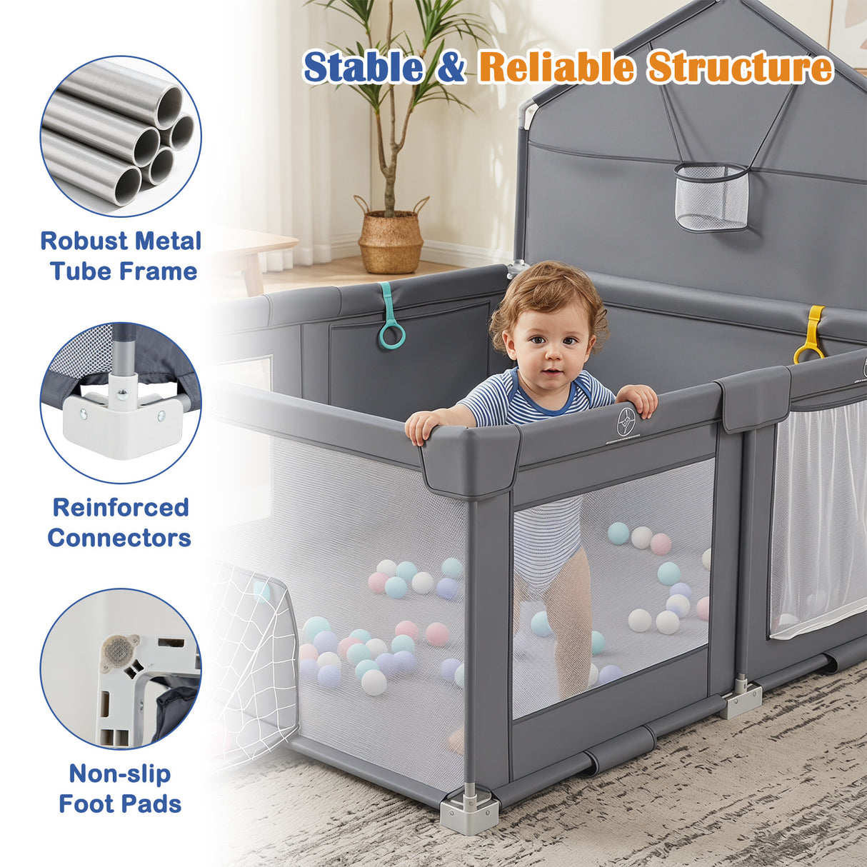 Foldable Baby Playpen, Large Play Yard Activity Center w/Basketball Hoop, Soccer Goal, Pull Rings & Ocean Balls for Infants