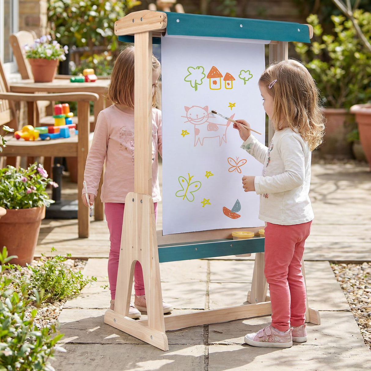 Wooden Fir Frame Easel for Kids with Transparent Board and Storage Trays