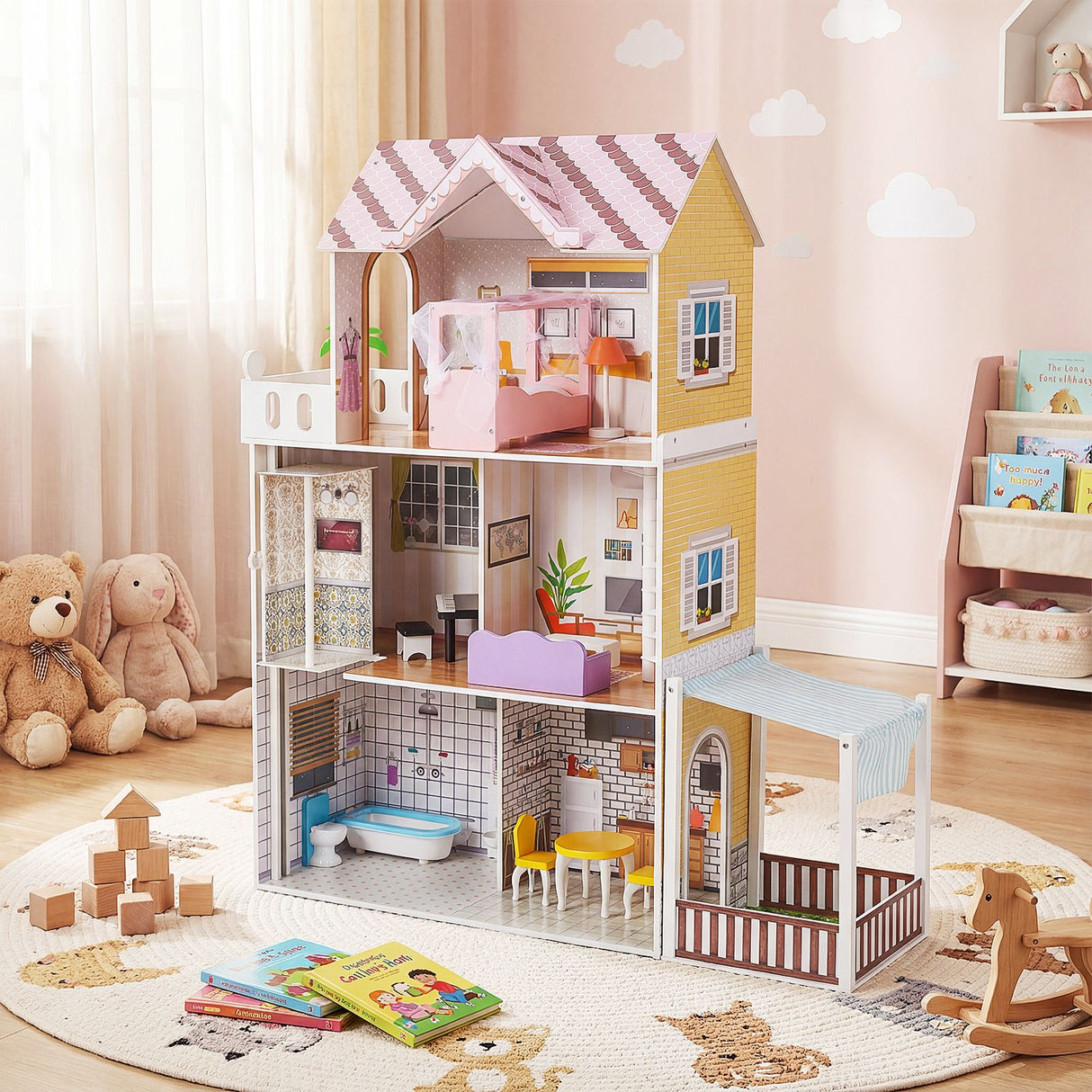 Wooden Dollhouse with 16 Furniture Accessories and Balcony