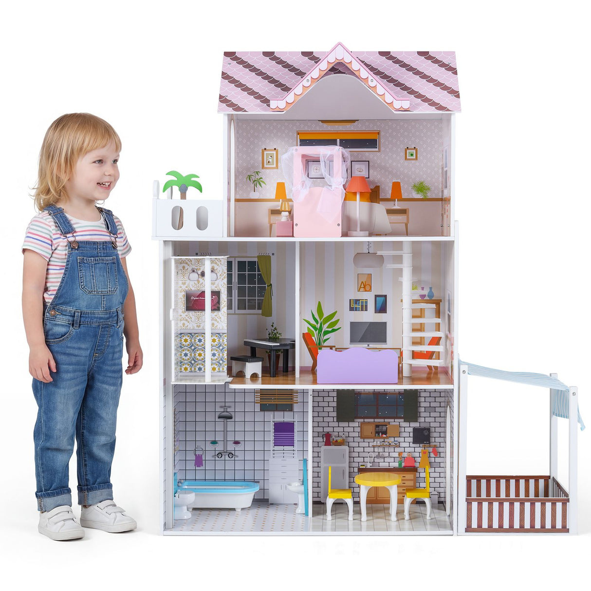 Wooden Dollhouse with 16 Furniture Accessories and Balcony
