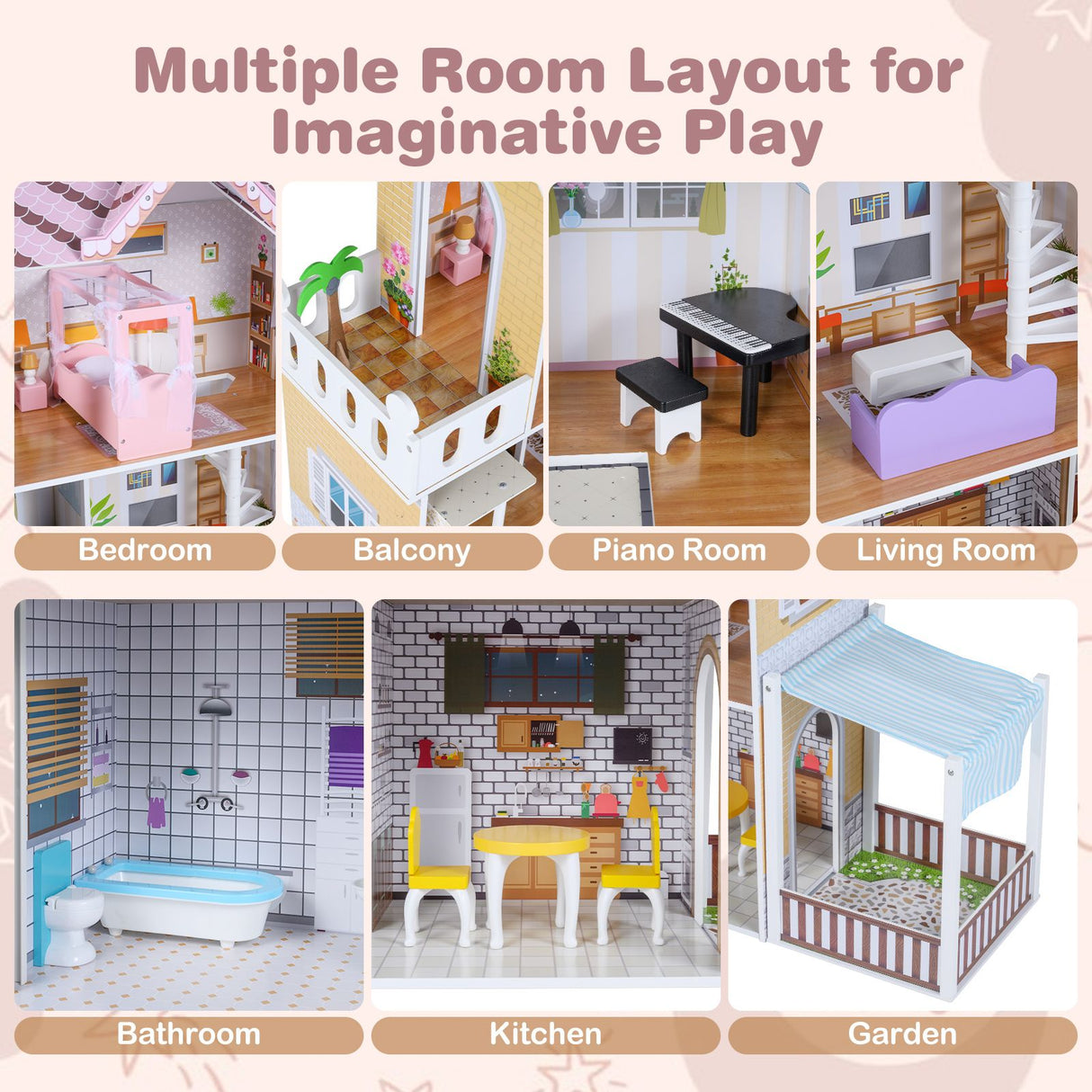 Wooden Dollhouse with 16 Furniture Accessories and Balcony